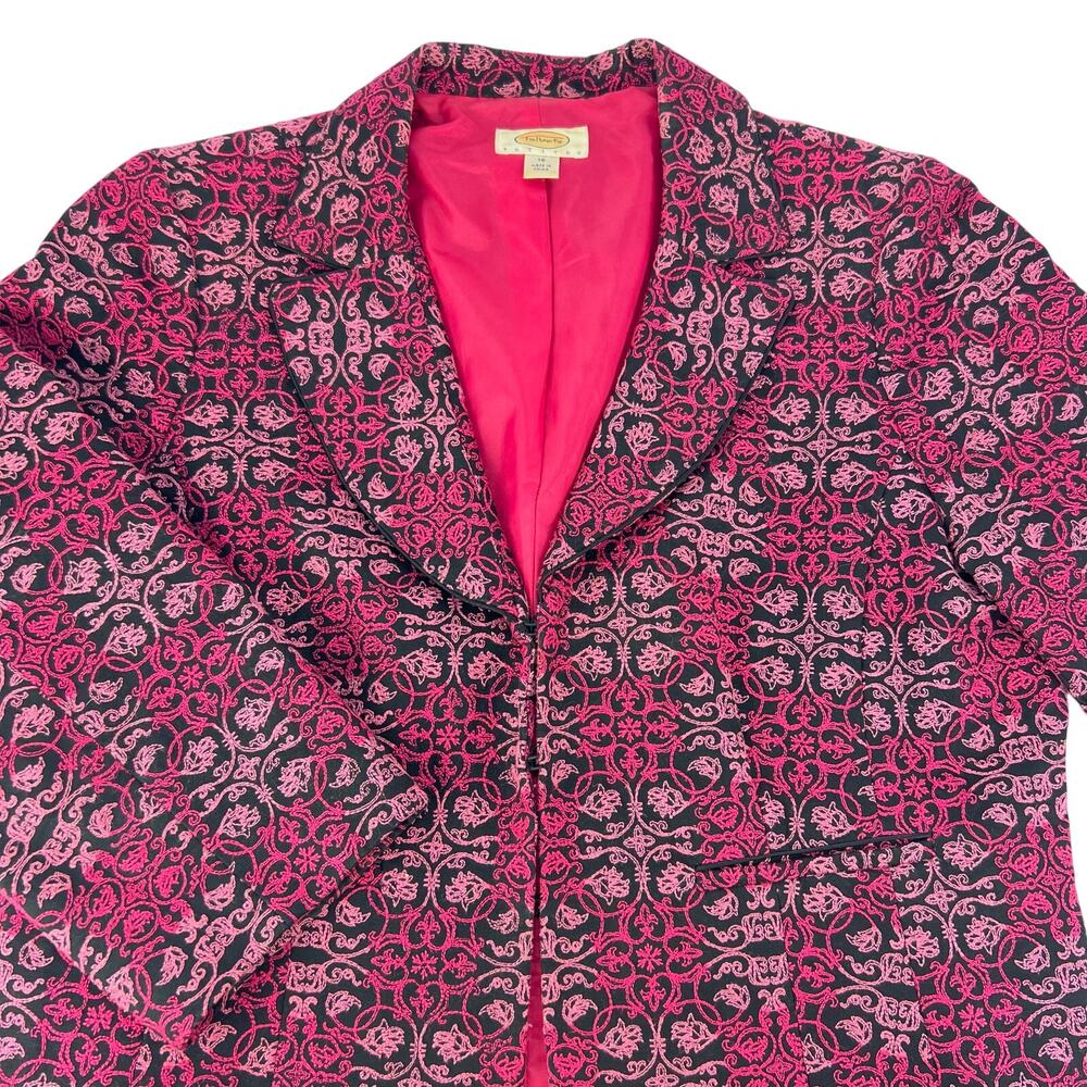 Talbots Petite 16 Pink Fuschia Black Fitted Hook & Eye Floral Embroidered Blazer